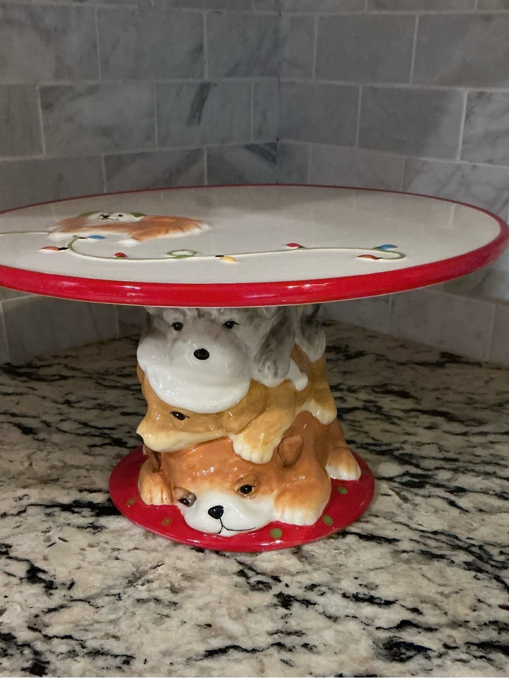Rare Pier 1 Park Avenue Puppies Christmas Cake Stand Pedestal Holiday Dog Plate